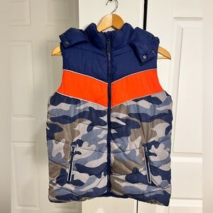 Mini Boden 13-14 Years Camo Colorblock Full Zip Puffer Vest Navy Orange Hood EUC